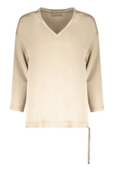 Herno Beige Blouse With Long Sleeves V-neck In Brown
