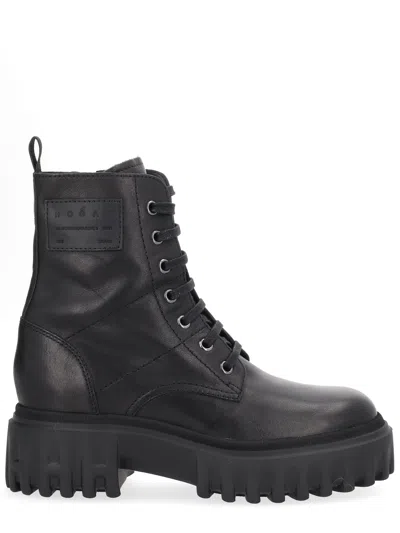 Hogan H700 Chunky Biker Boots In Leather In Black