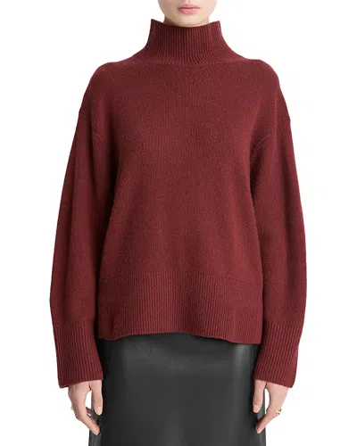 Vince Wool Cashmere Turtleneck Side Slit Sweater In Burgundy