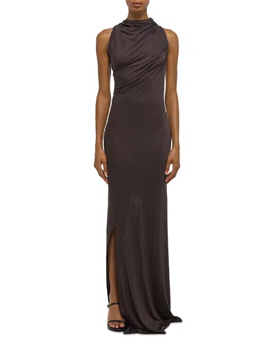 Helmut Lang Wind Ruched Jersey Maxi Dress In Brown