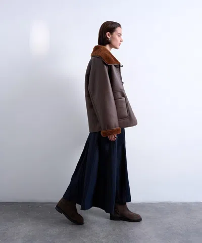 Topshop Shearling Oversized Reversible Coat With Button Loop In Brown