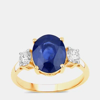 Pre-owned Hautefacets 3.64 Cts Ceylon Blue Sapphire And Diamond 18k Yellow Gold 3 Stone Ring Us Size 7