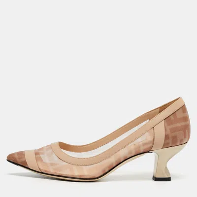 Pre-owned Fendi Colibri Size 36 Beige/brown Zucca Mesh And Leather Pumps In Sand