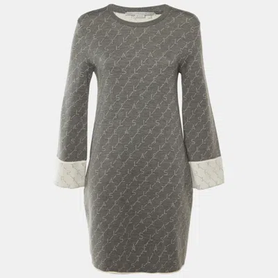 Pre-owned Stella Mccartney Grey /cream Logo Wool Knit Mini Dress M In Gray