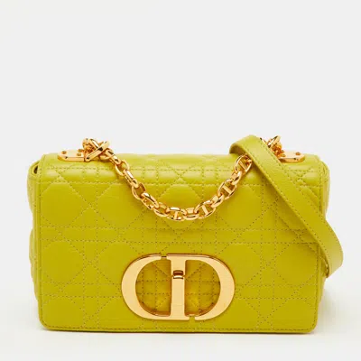 Pre-owned Dior Caro Small Lime Yellow Cannage Leather Shoulder Bag