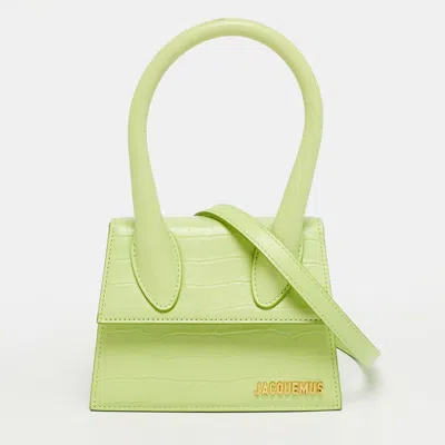 Pre-owned Jacquemus Le Chiquito Moyen Apple Green Croc Embossed Leather Top Handle Bag