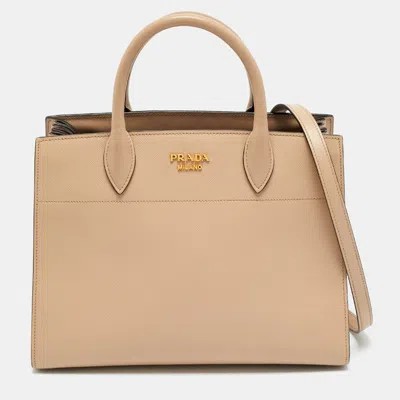 Pre-owned Prada Bibliotheque Beige Saffiano Leather Tote In Sand