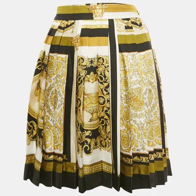Pre-owned Versace Yellow/black Barocco Print Silk Pleated Mini Skirt S