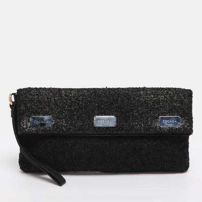 Pre-owned Escada Tricolor Tweed Wristlet Clutch In Black