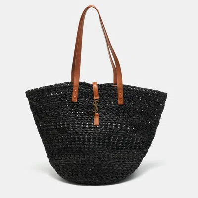 Pre-owned Saint Laurent Panier Black Crochet Raffia Tote