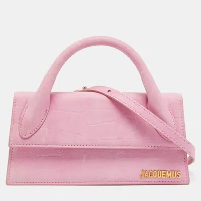 Pre-owned Jacquemus Le Chiquito Long Pink Croc Embossed Nubuck Leather Top Handle Bag