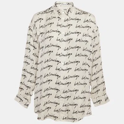 Pre-owned Balenciaga White Logo Scribble Print Silk Loose Fit Shirt M