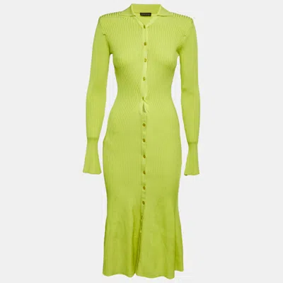 Pre-owned David Koma Neon Green Rib Knit Midi Cut-out Midi Dress M
