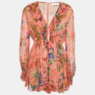 Pre-owned Zimmermann Pink Floral Print Silk Playsuit L