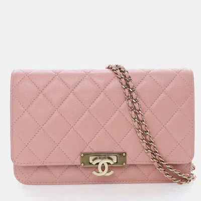 Pre-owned Chanel Caviar Golden Class Wallet On A Chain (woc) In Pink