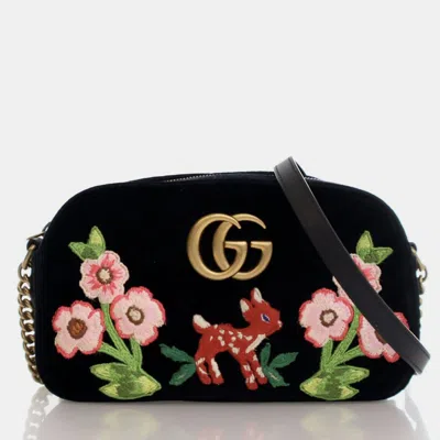 Pre-owned Gucci Small Velvet Gg Marmont Chain In Black