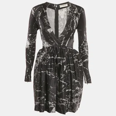 Pre-owned Balenciaga Black Printed Silk Plunge Neck Mini Dress S