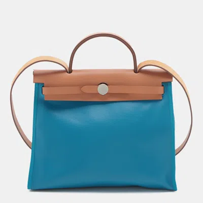 Pre-owned Hermes Blue Brown Toile H Berline Vache Hunter Herbag Zip 31