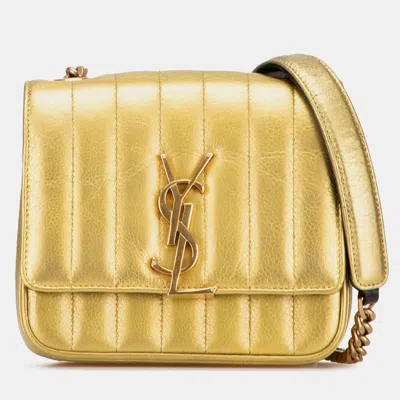 Pre-owned Saint Laurent Gold Small Metallic Grain De Poudre Monogram Vicky Chain Bag