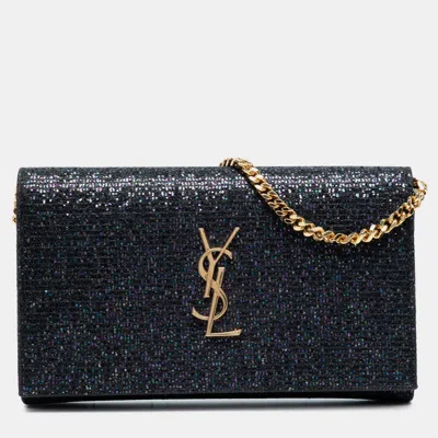 Pre-owned Saint Laurent Black Glitter Monogram Kate Wallet On Chain