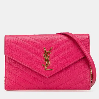 Pre-owned Saint Laurent Pink Grain De Poudre Cassandre Envelope Chain Wallet