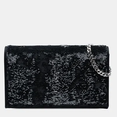 Pre-owned Saint Laurent Black Sequin Monogram Kate Wallet On Chain