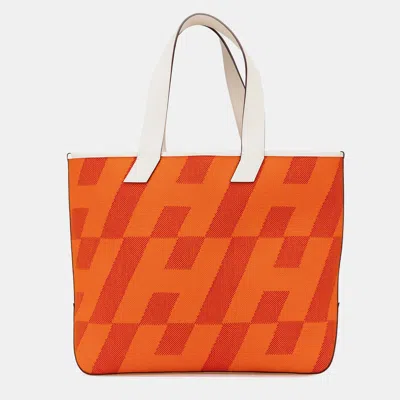 Pre-owned Hermes Orange White Toile H And Swift Cabas H En Biais 40
