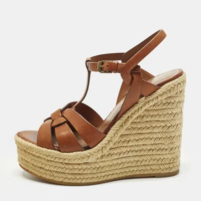 Pre-owned Saint Laurent Tribute Size 37.5 Brown Leather Wedge Sandals