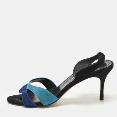 Pre-owned Manolo Blahnik Suspiro 70 Size 39 Blue Suede Slingback Sandals