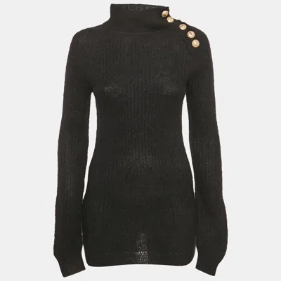 Pre-owned Balmain Black Mohair Rib Knit Button Detail Sweater S