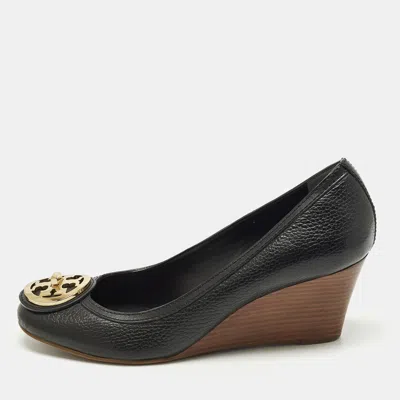 Pre-owned Tory Burch Size 40 Black Leather Wedge Pumps