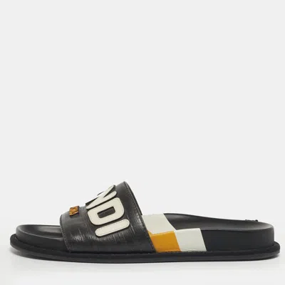 Pre-owned Fendi Size 39 Black Leather Logo Pool Slides