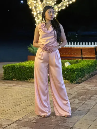 Truedames Satin Wide Leg Pants & Flower Sleeveless Top Set In Multi