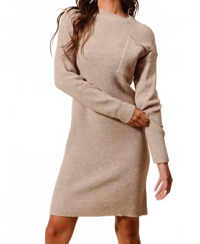 So Me Coco Ribbed Sweater Dress With Pockets In Beige In Pink