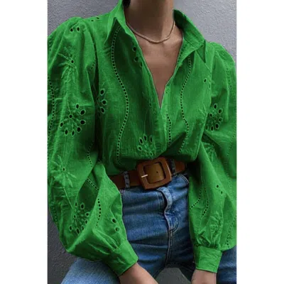 Truedames Hollow Out Solid Button Puff Sleeves Blouse In Green