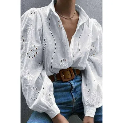Truedames Hollow Out Solid Button Puff Sleeves Blouse In White
