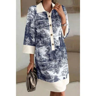 Truedames Pattern Stand Collar Front Button Loose Dress In Blue