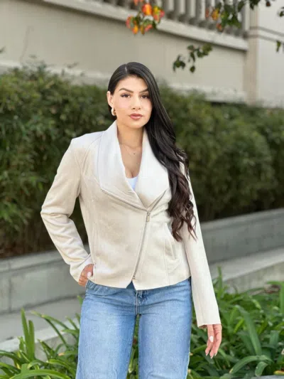 Truedames Suede Women's Biker Zip Up Jacket With Pockets In White
