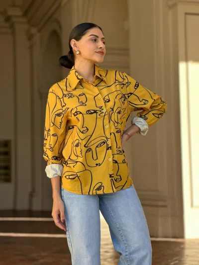 Truedames Face Print Long Sleeve Button Down Blouse In Yellow