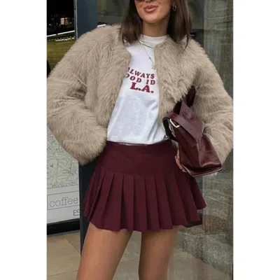 Truedames Solid Round Neck Lomh Sleeves Fluffy Jacket In Brown