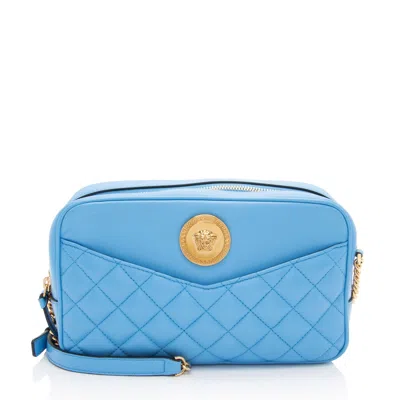 Versace Blue Lambskin Leather Quilted Gold Medusa Chain Crossbody Bag Medium In Blue