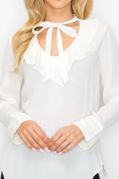 Truedames Ruffle Detail Front Tie V-neck Long Sleeve Blouse In White