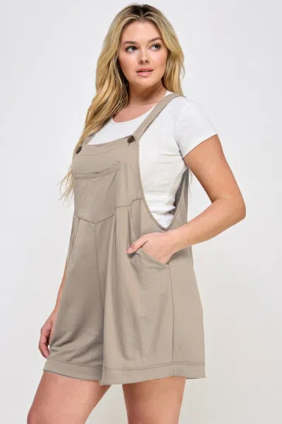 Truedames Plus Size Knit Linen Pleated Overall Shorts In Brown
