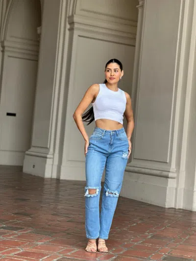 Truedames Medium Wash High Rise Jeans With Distress And Rips In Blue