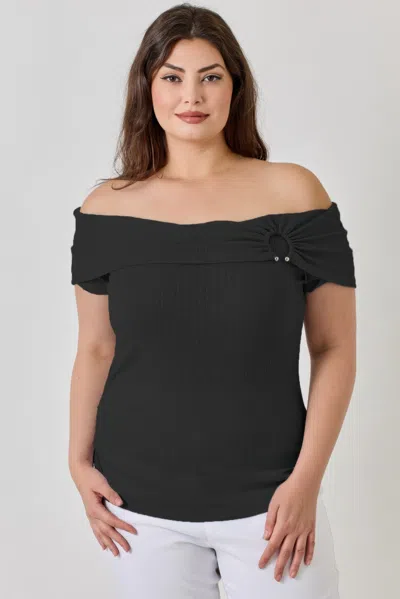 Truedames Plus Size Ots Pointelle Knit Rib Fold Over Top In Black