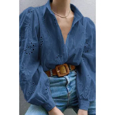 Truedames Hollow Out Solid Button Puff Sleeves Blouse In Blue