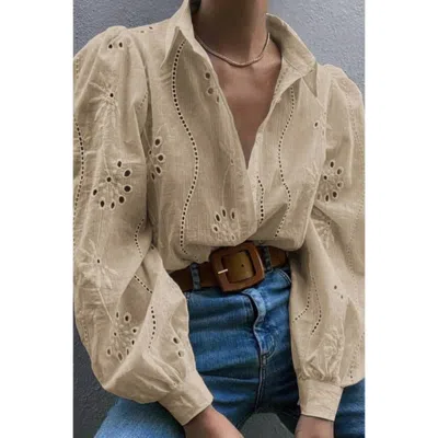 Truedames Hollow Out Solid Button Puff Sleeves Blouse In Neutral