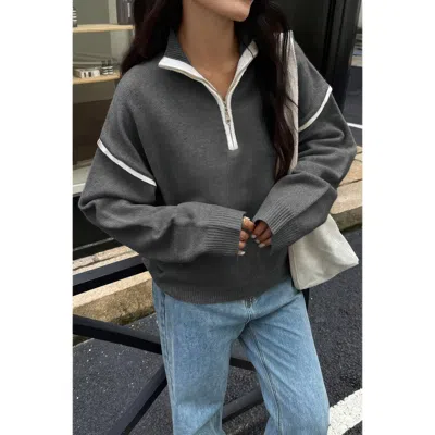 Truedames Zip Up V Neck Lapel Collar Loose Sweatshirt In Gray