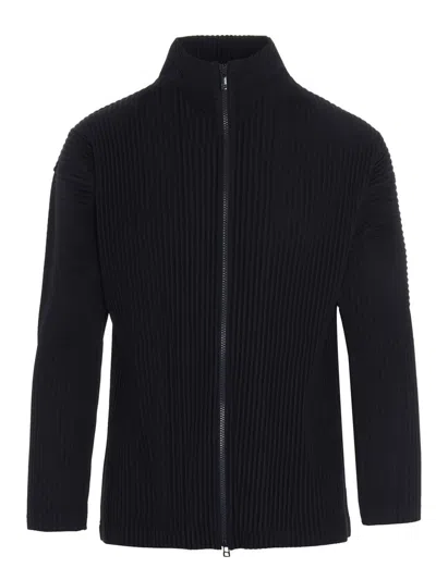 Issey Miyake Pleated Zipper Turtleneck Cardigan In Black