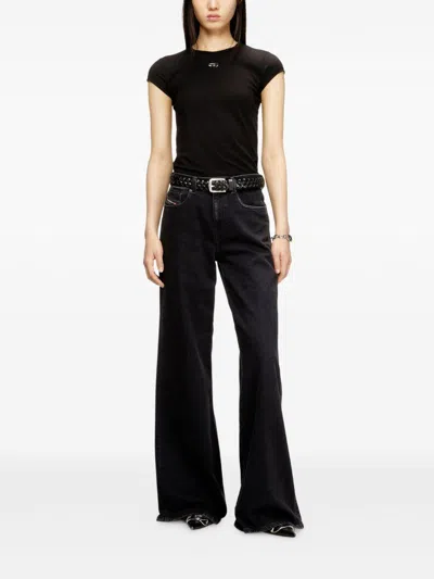 Diesel Women Black T-shirt With Logo On The Front And Ribbed Design In Cotton Woman